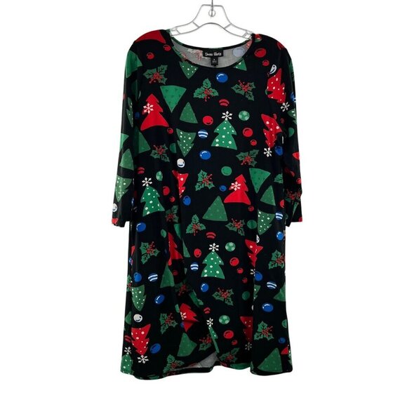 Dress Works Women's Christmas Print 3/4 Sleeve Shift Dress Black/Multi Medium - Picture 1 of 9